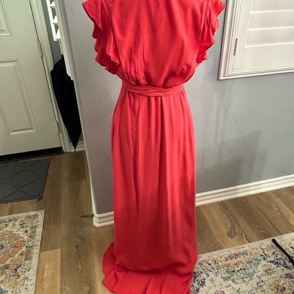 🧡”Express” Beautiful V-Neck High/Low Wrap Ruffled Coral Dress Size XXS - Picture 6 of 9